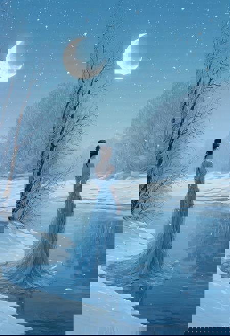  Impressionism illustration, surrealism, cool blue and silver hues, a woman draped in a flowing, translucent gown stands on the edge of a frozen lake. Her figure blends gracefully with the icy landscape, surrounded by glimmering frost-covered trees and delicate snowflakes. A pale crescent moon casts a soft glow, reflecting on the crystalline water. The scene feels serene and otherworldly, with intricate, textured details and a dreamlike, frosty atmosphere