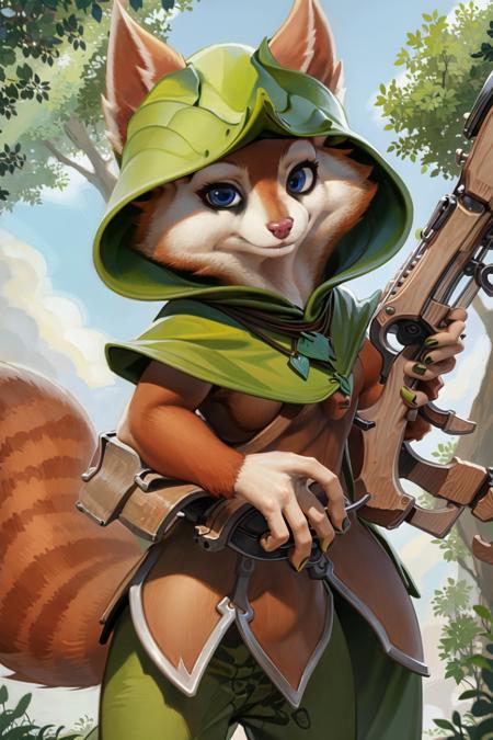 masterpiece, best quality, 1girl, solo, blue eyes, orange fur, furry, green cape, pants, holding, holding weapon, crossbow, animal ears, tail, hood, necklace, capelet, :3, furry, ears through headwear, orange fur, looking at viewer, smile, forest, tree, sun, closed mouth, standing, no humans, <lora:Hoodwink_dota:0.8>