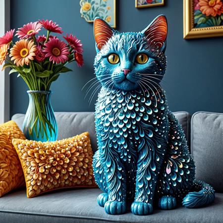 cat made of tearStyle2, indoor, beautiful background, vase, flower, couch, wall decoration, best quality, detailed image, 4k, 8k