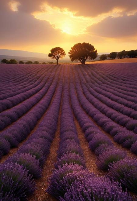 Sunset Over Lavender Fields in Provence
Endless rows of lavender stretch toward the horizon, bathed in the warm, golden glow of a Provence sunset. Emile Claus’s mastery of light creates a radiant, soft atmosphere, with the golden hues blending seamlessly into the sky and fields. Paul Cadden’s impeccable attention to detail brings each lavender flower to life, capturing their texture and delicate movement in the breeze. Alexander Volkov adds a rich, atmospheric depth, with the fading sunlight casting long, gentle shadows across the landscape, creating a serene, dreamlike moment in the heart of Provence.
vivid colors. 
detailmaximizer, aidmaMJ6.1,  Movie Still, Film Still, Cinematic, Cinematic Shot, Cinematic Lighting, detailxl, flux-style, midjourneyv6.1