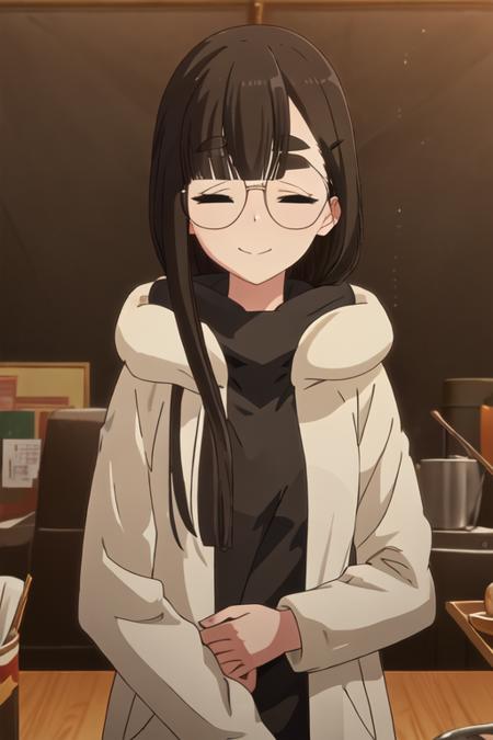 best quality, masterpiece, highres, solo, {toba_minami_yurucamp:1.15}, long_hair, bangs, closed_eyes, glasses, thick_eyebrows, black_hair, brown_hair, smile, closed_mouth, 1girl, round_eyewear