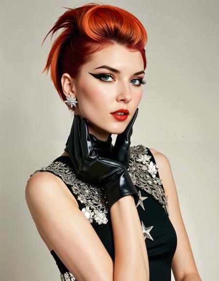 Punk-Cosplay, Stunning retro-futuristic raypunk starlet, vintage sci-fi allure, stylized asymmetrical haircut with a sharp, modern edge, chrome and metallic accents catching the light, bold and bright raypunk colors in striking contrast, retro-futuristic patterns boldly decorating the attire, sleek lines and smooth contours shaping the silhouette, sun-kissed skin glowing softly, chrome details glinting with star-shaped brooch positioned delicately at her chest, a retro-inspired headband fitted perfectly to her head, metallic raypunk gloves wrapped snugly around her hands, a nostalgic feel echoing the past while propelling into the future, finished with lace (high-leg stockings) that complement the ensemble with delicate elegance.