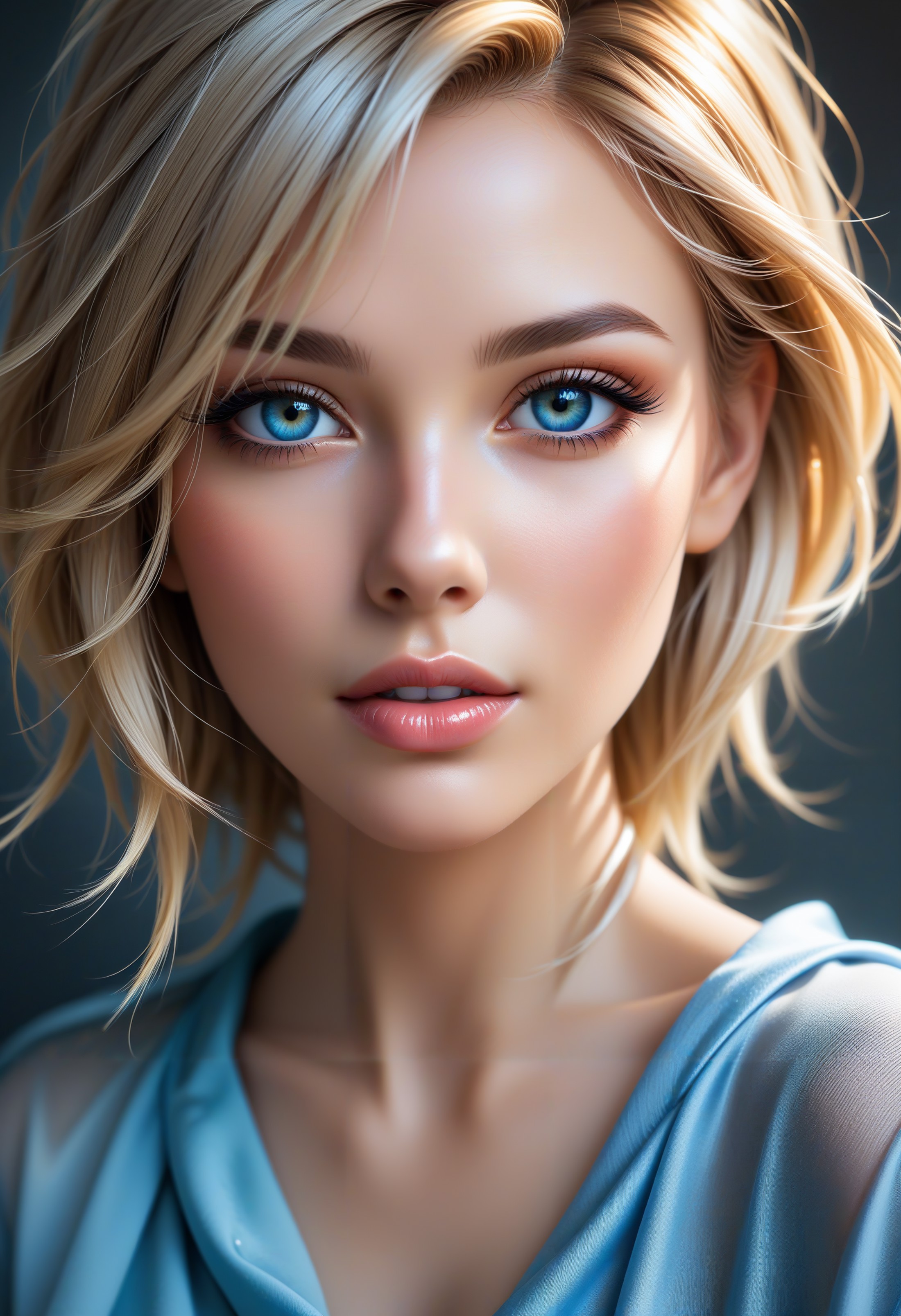 anime artwork soft portrait of a beautiful scandinavian woman, face close-up, smooth hair elegantly draped around her neck...