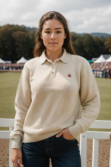 RAW photo of megboone,Polo Sweater at Equestrian Event, (high detailed skin:1.2), 8k uhd, dslr, soft lighting, high quality, film grain, Fujifilm XT3,  <lora:megboone:1>