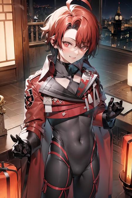 (extremely detailed CG unity 8k wallpaper), (best quality), (ultra-detailed), 1boy, flayon, standing, looking at viewer,  <lora:flayon:0.8>, flayon, red eyes, gloves, jacket, bodysuit, ahoge, smiling, red castle background