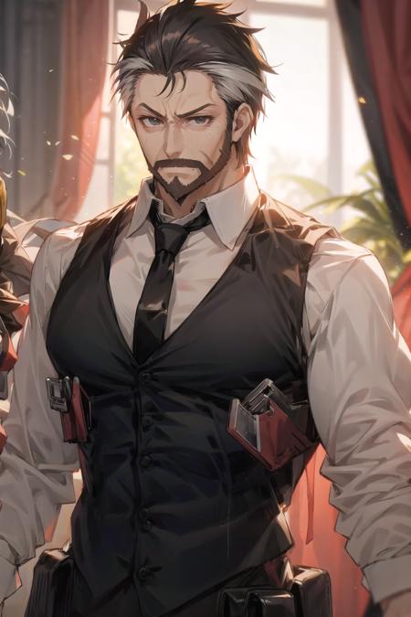 kryuger, 1boy,male focus, necktie, solo, shirt,  collared shirt, black necktie, holster, white shirt,beige vest,muscular male, solo, bara,large pectorals, <lora:kryuger-pynoise-000009:1>