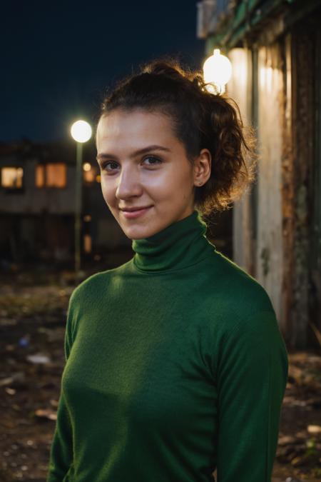 A stunning intricate full color portrait of  a jenilaw,wearing a green turtleneck, smile, abandoned building, epic character composition,by ilya kuvshinov, alessio albi, nina masic,sharp focus, at night, subsurface scattering, f2, f2, 35mm, film grain   <lora:MelissaMazV2-000005:1>  <lora:epiNoiseoffset_v2:1>
