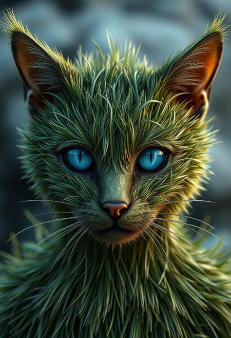 A hyper-realistic Close up shot of a figure completely made of grass and irises in cat form, full body zoomed in, ultra sharp focus photo, 3d render, architecture, dark fantasy, vibrant (photography, high-resolution, dynamic, energetic,hyper-realistic, dramatic lighting, shallow depth of field.), beautiful eyes, blue eyes, ,
(tall, athletic), ,, ,skin oiled, 35mm film, DSLR, 50mm prime lens, high resolution, shiny skin