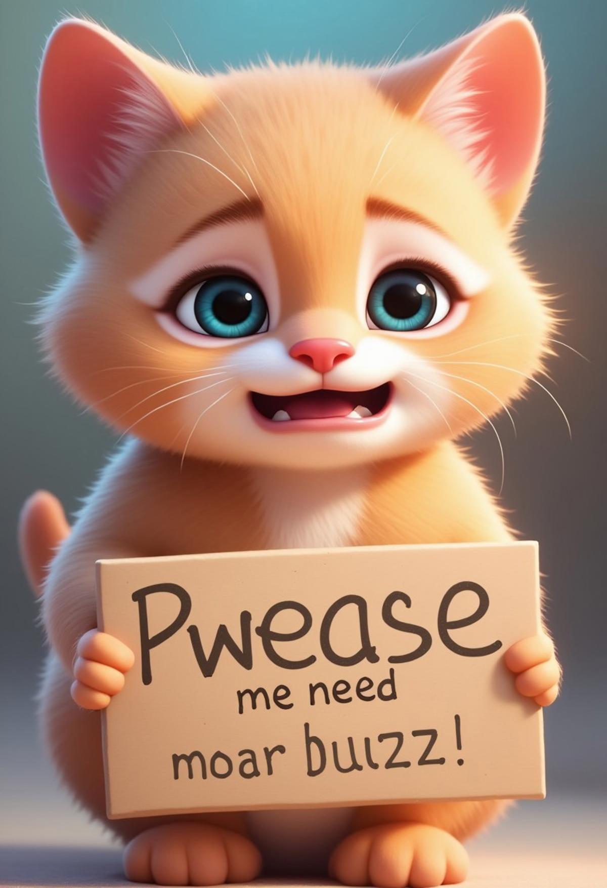 cute little kitten, kawai, big watery eyes, about to cry, looking at viewer, holding a sign that says: "Pwease, me need moar Buzz", cartoon, wide shot