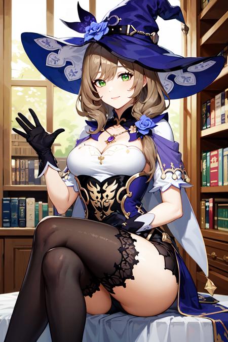 masterpiece, best quality, highres, aalisa, long hair, hair flower, green eyes, witch hat, purple headwear, hat flower, necklace, capelet, purple dress, black gloves, black thighhighs, <lora:lisa_v1:0.7>, library, sitting, smile, waving, book,