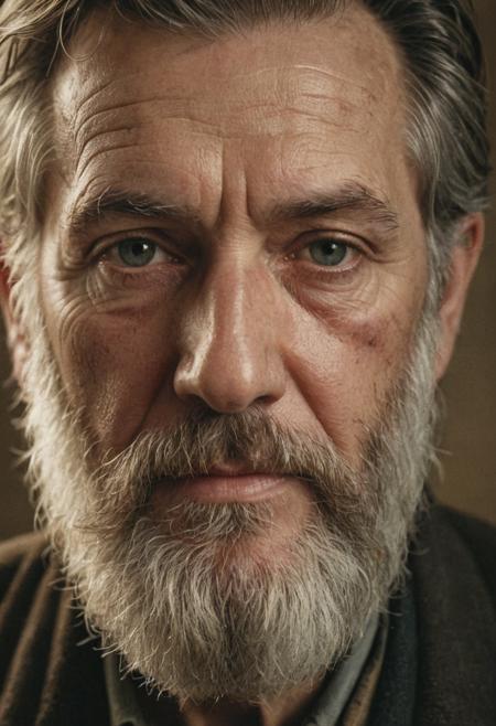 Hanalogital, film highlights, old man with beautiful beard face close-up, realism, epic world, faded film, desaturated, old photo, award winner photo, 35mm photo, grainy, vignette, vintage, lomography, stained, highly detailed, found footage, highly detailed, volumetric, dramatic lighting