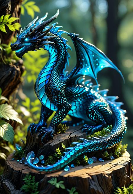 This exquisite high-resolution digital artwork presents a fragile, transparent obsidian and bioluminescent crystal glass sculpture of a dragon gracefully positioned atop a weathered tree stump. The mesmerizing dragon is adorned with bioluminescent markings, and its scales glisten with intricate details, showcasing a remarkable level of craftsmanship. The dragon's eyes are meticulously designed with filigree work, while its supermaximal, glowing skin exudes an ethereal charm. The artwork is imbued with a magical aura, featuring shimmering, sparkling elements, extreme contrast, and vibrant saturation. This exceptional-quality fantasy piece showcases the artist's mastery of captivating details and enchanting, supernatural beauty.