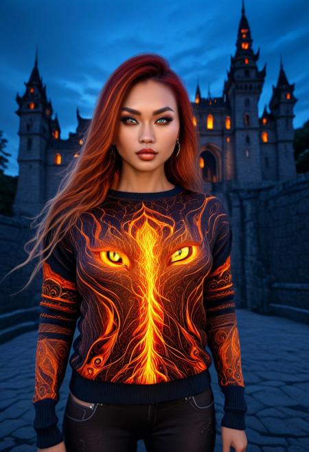 FireDarkstyle, Cambodian woman, asian features, long hair, huge boobs, small waist, fitness body, toned muscle, wide hips, An extreme photorealistic upper body shot of a cat girl with mesmerizing golden eyes and slit pupils. She has long, flowing two-tone hair, FireDarkstyle hair with striking unrealistic beauty. red lips, the skin has tiny imperfections like pores, faint freckles, and slight skin texture variations to add realism. Realistic lip texture with soft lines, slight gloss, and natural color variation. Realistically detailed tear ducts, slightly moist, enhancing the natural appearance of the eyes. Faint, barely visible veins under the eyes, adding depth and authenticity to the skin. Individually rendered eyebrow hairs with natural variation in direction, length, and thickness. Variation in hair strand thickness, with some thinner and finer than others, Gothic castle, lively, luminescent, Majestic castle, big eyes, fully dressed, (FireDarkstyle printed silksweater:1.8), (FireDarkstyle painted castle:1.4), (outdoors:2), CZC, FULL BODY, CLOTHED, hands behind the head, agile pose, dynamic pose, (action:1.6), inwytk04.