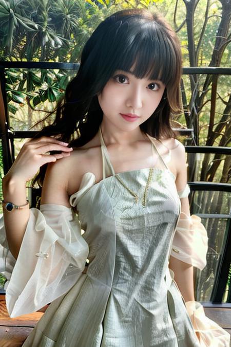 1girl, 3d, bamboo, bamboo forest, bangs, bare shoulders, bench, black hair, blinds, blunt bangs, breasts, bush, day, dress, fence, forest, garden, grass, indoors, lips, long hair, looking at viewer, nature, palm tree, park, plant, potted plant, realistic, smile, solo, sunlight, tree, upper body, window,