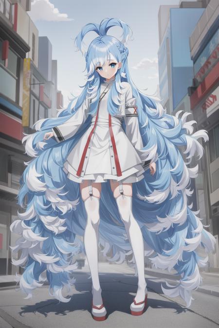 1girl, flat chest, blue hair, long hair, blue eyes, kobo, kanaeru, street background, city, ahoge, white hair tips, full body at full size