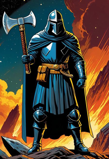 A medieval executioner, holding an absurdly tiny axe while the condemned looks more annoyed than afraid, cinematic science fiction realism, golden age comic book aesthetic, heroic pulp adventure, bold linework, dramatic lighting, futuristic environments, vintage superhero style, interstellar storytelling, realistic figure rendering with comic stylization, primary color palettes, retro sci-fi technology, stylized heroism, action-driven composition, galactic world-building, mythic space operas, classic comic panel energy with detailed painterly realism