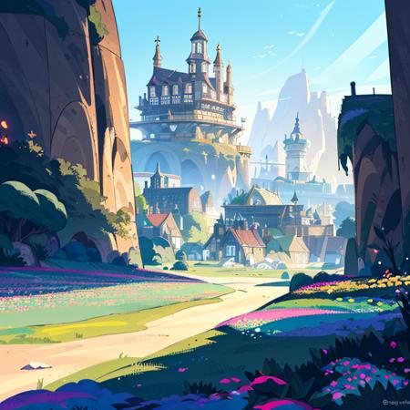 award winning photo, ((masterpiece,best quality)), absurdres, <lora:Vivid_Setting:0.8>, Vivid_Setting, no humans, scenery, cinematic composition, landspace drawing, environment, background illustration, cityscape, fantasy, futuristic castle in a traditional era, flower, grass, outdoor, architecture, blue sky,,