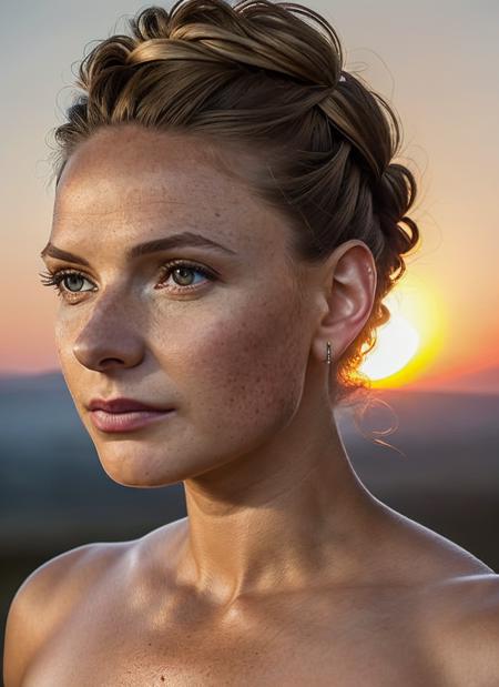 closeup portrait of skswoman, neutral , wearing custom-made , with brown Updo , background sunset epic (photo, studio lighting, hard light, sony a7, 50 mm, matte skin, pores, colors, hyperdetailed, hyperrealistic), <lyco:Rebecca Ferguson:1.2>