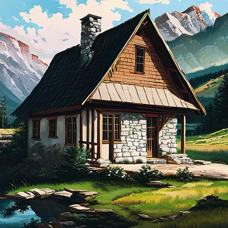 a landscape painting of a a mountain cottage,  inkpunkLandscapes768, f/1.4, square image, close up film photo, portrait of a Young Man, black flowing, filmy white eyes, feathers and bone jewelry, elegant pose, atmospheric lighting, cinematic composition, detailed, summer, filmgenre__