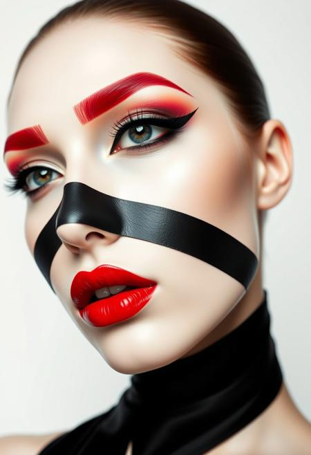 A stunning close-up portrait of a woman's face, blending high fashion and avant-garde artistry. The pale, porcelain skin serves as a pristine canvas for bold, graphic black stripes that slash diagonally across her face in a striking pattern. Her vivid red eyebrows and glossy, deep red lips create a fierce and dramatic contrast against the monochromatic palette of black and white. Her eye, with intense black eyeliner and soft lashes, gazes outward with enigmatic confidence, adding a sense of allure and mystery. The stark white background enhances the minimalist yet impactful aesthetic, emphasizing the sharp edges and vivid details of the makeup and styling. The composition exudes a bold, futuristic vibe, merging elegance with an edgy, artistic statement.