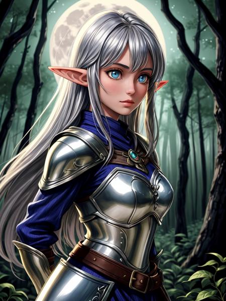 1 girl, beautiful elven maiden:1, silver elven armor:0.8, shoulder portrait, Night, Forest:0.8, Full moon, mana flow, shimmers, psychic energy <lora:add_detail:0.8>