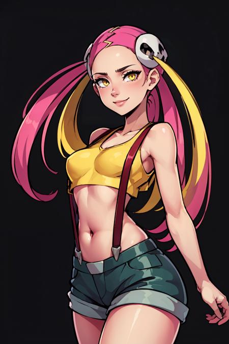 zzPlumeria, pink hair, multicolored hair, blonde hair, two-tone hair, long hair, yellow eyes, hair ornament, quad tails, breasts, eyeshadow, skull hair ornament, dark skin, black tank top, eyeshadow, makeup, black baggy pants, tattoo,