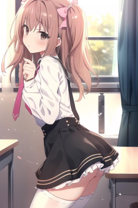 masterpiece, best quality,1girl, solo,akizuki noa,brown hair,two side up,brown eyes,pink hair ribbon,white_shirt,dress,necktie,black skirt, white legwear,<lora:akizuki:0.8>,from side,ass
