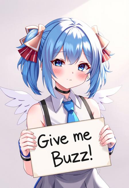 score_4,score_5,score_6,score_7_up,score_8_up,score_9 ((masterpiece,best quality,ultra detailed,highres,HD,4k:1.2)), 
1 girl,solo,face focus,
bbangel, blue hair, streaked hair, twintails, hair bow, earrings, facial mark, wings, breasts, choker, bare shoulders, blue necktie, collared shirt, white shirt, dress, sleeveless, arm strap, wrist cuffs, blue skirt, blue thighhighs
(("Give me Buzz.",Beggars Borad,Holding a sign, holding a sign that says, "Give me Buzz."))
wink,happy,blush, looking at viewer, smile,