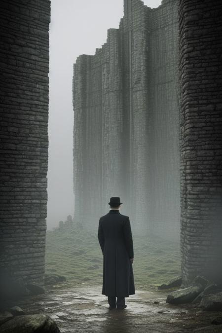 EasyNegativeV2: Vintage film's still, depicting Sherlock Holmes in his iconic attire, standing atop the fog-covered cliffs of Dartmoor, the ancient ruins of Baskerville Hall looming in the background, as he surveys the desolate landscape with a mixture of curiosity and apprehension, his keen senses alert for any sign of danger.