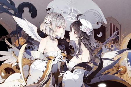 masterpiece, best quality, extremely detailed, detailed background, detailed face, multiple girls, 2girls, dress, long hair, white dress, blue hair, flower, wings, feathered wings, looking at another, eye contact, angel wings, purple flower, hair ornament, long sleeves, white wings, hair flower, red eyes, gears, short hair, hat, bare shoulders, bangs, white headwear, ahoge, puffy sleeves, sitting, very long hair, off shoulder, closed mouth, grey hair, pantyhose, feathers, beret, puffy long sleeves, off-shoulder dress, breasts, indoors, gloves