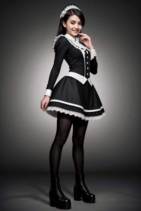 ((Masterpiece, best quality, cinematic lighting, 8k, full body shot, long hair)), (smile:0.85), (realistic background)
<lora:Black_Maid_By_Stable_Yogi:1> maid dress, long sleeves, black leggings, black boots, lace trim, maid headdress