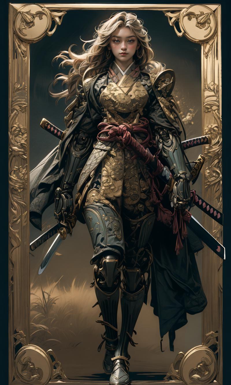 A woman in a warrior outfit holding multiple swords.