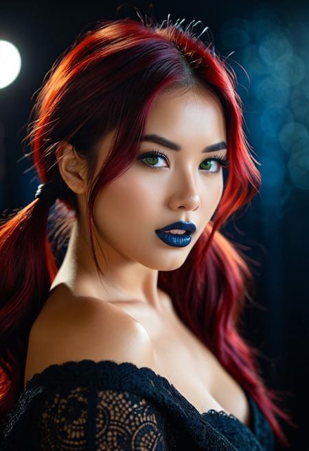 Hyperrealistic art, UHD, 4k, ultra detailed, cinematic, a photograph of cinematic photo vietnam woman, (to8contrast style), (Close-up portrait), open mouth, 8k RAW photo, highest quality, detailed green eyes, eye reflection, winged eyeliner, (looking at the viewer:1.3), perfect eyes, best shadow, intricate details, interior, (crimson hair:1.3), pigtails, muted colors, high contrast style, glam shot, smoldering, (sultry:1.1), dof, bokeh, intense, languid, tempting, sensual, seductive, longing, yearning, smitten, dark photography studio, minimal lighting, deep shadows, stark contrasts, dramatic highlights, (black backdrop:1.2), dimples, fullness, plumpness, natural blue lips, bold color, alluring, captivating, striking, unforgettable, stunning, breath-taking, timeless beauty. (bare shoulders:1.2), headshot . 35mm photograph, film, bokeh, professional, 4k, highly detailed, Extremely high-resolution details, photographic, realism pushed to extreme, fine texture, incredibly lifelike,  fine texture, incredibly lifelike, shallow depth of field, vignette, highly detailed, high budget, bokeh, cinemascope, moody, epic, gorgeous, film grain, grainy, close-up, macro 100mm, macro photography