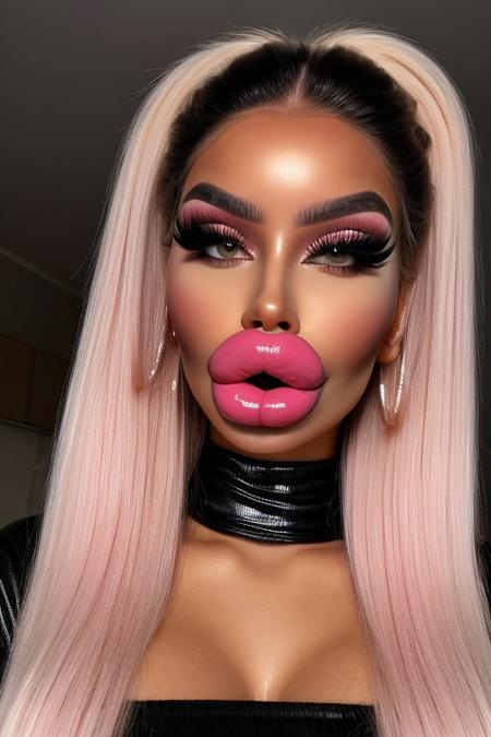 Full body picture, perfect face, model face, oral invitation,kissing face, platform boots, albatross art style,touching lips, Poking lips, long nails, bimbo clothes, bimbo makeup, seductive, sadistic, sadistic smile,
SWOLLEN LIPS, 
(detailed hair, blond hair, blond, twintails, smooth skin, oiled skin, shiny skin, mature:1.1), (makeup, contour, skindentation), (black skin:1.1), plump lips, bimbo, bimbo lips, thick hair, very long hair, pink lipstick, pink eyeshadow, pink lipstick, (pink lips:1.3),
uncensored, NSFW, realistic,
 <lora:Botox_lips:0.6>