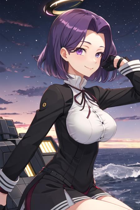 best quality, masterpiece, highres, solo, {tatsuta_kantaicollection:1.15}, purple_hair, purple_eyes, short_hair, mechanical_halo, halo, smile, breasts, large_breasts