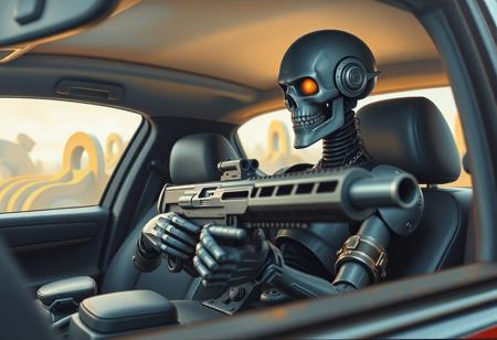 A classical Raphael Style oil painting of a gray Zombie Warrior robot seated majestically in the back seat of a car, facing right, holding a large gun. The car interior is depicted with rich texture and color, with blurred background suggestive of a journey or dream. Emphasize Vivid Emotions, Joyful Impact, Powerful Message through the robot's beautiful detailed eyes. Golden Ratio composition, Incredible Depth, Masterpiece quality, Impeccable Composition, Creative Angle, Captivating Lighting, Well-timed Moment.