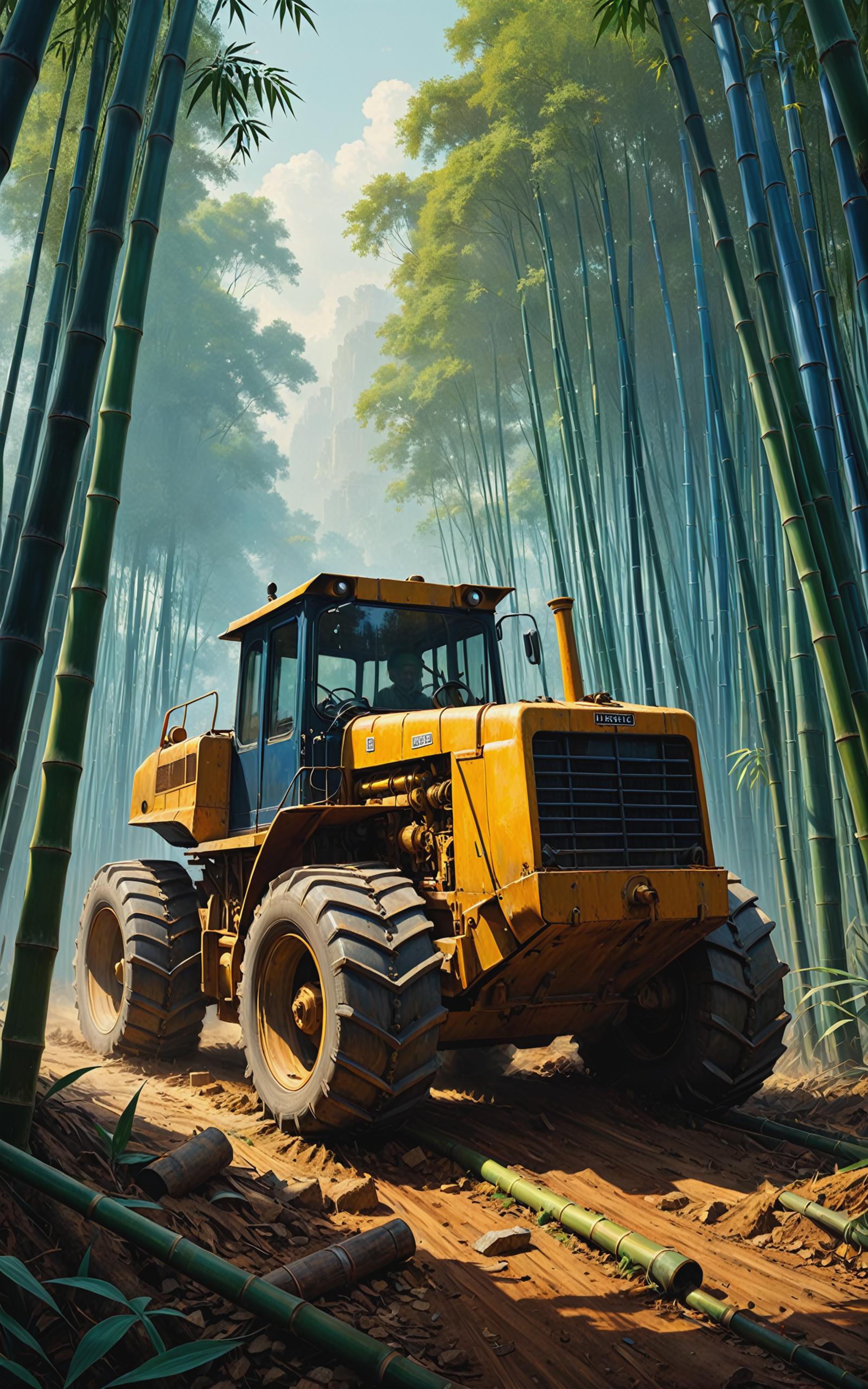 A bulldozer driving through a forest of bamboo trees