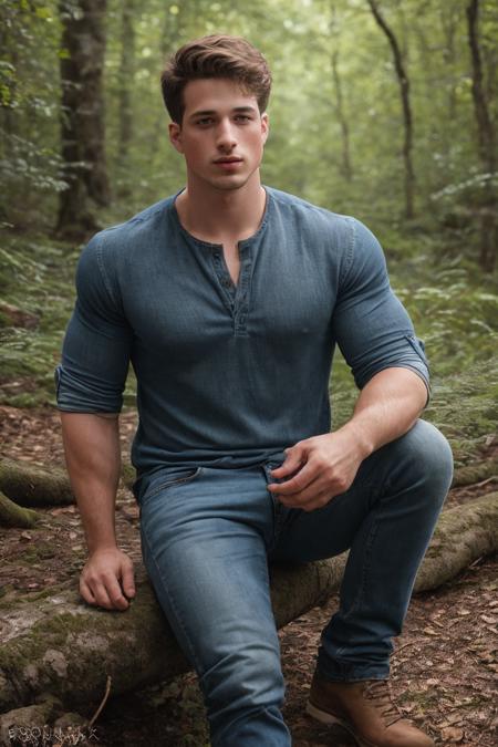 epiCRealism, (full body:1.5) photo of nick sandell in a forest (wearing a shirt and jeans),  <lora:Nick_Sandell-06:1>, deep photo, depth of field, Superia 400, bokeh, professional photograph shot, realistic lighting