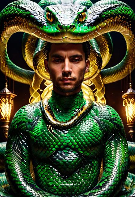 "A man wrapped by a snake around his neck, glowing under soft, eerie lighting, surrounded by discarded skin, detailed scales, surreal and unsettling atmosphere, photorealistic textures." <lora:SDXLFaeTastic2400:0.4> <lora:extremely_detailed:0.4> extremely detailed, <lora:sn4ke:1>,sn4ke, Masterpiece,best quality,hi res,8k,hi res,8k,award winning,(sharp focus, intricate, highly detailed), rating:safe