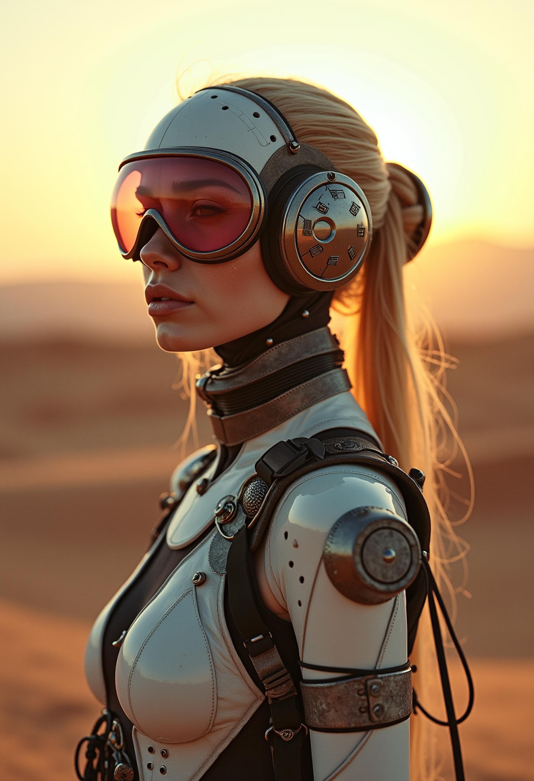 A biomechanical-steampunk hybrid, an ethereal woman with a single pair of steampunk goggles and transparent rose-tinted lenses, stands in a harsh desert landscape. Her mechanical parts and cyborg enhancements create a fusion of organic and synthetic, ancient and futuristic elements, wearing high neck urban techwear that covers her torso. The setting sun casts a warm glow on her face, featuring an atmospheric perspective, creating a surreal and hyper-detailed scene. The mood is one of wonder and intrigue.