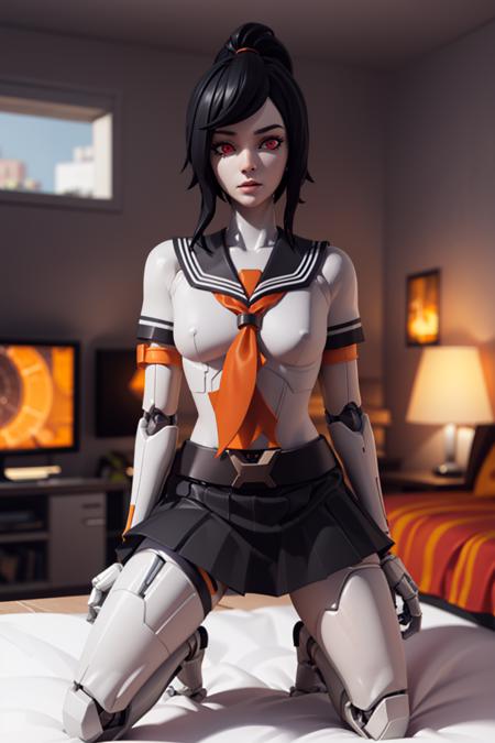 <lora:VRAMsTsuki:0.65>, xyztsuki, 1girl, solo, stiches, android, black hair, looking at viewer, black skirt, closeup, school uniform, ponytail, serafuku, sailor collar, blurry, blurry background, joints, pale, mechanical arms, 3d model cycles render,  cyborg, joints, long hair, looking at viewer, mechanical arms, mechanical parts, cyberpunk, red tie, orange, made of plastic, heavy eyeliner, suspending, red eye color, kneeling, bedroom, bed, besheets, sexy, spreading legs, presenting