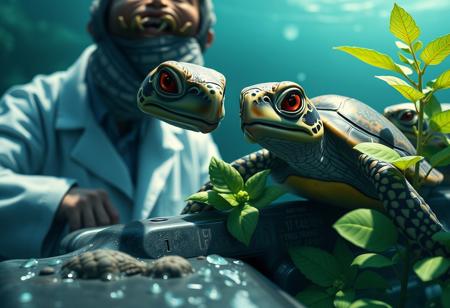 Create a Blu-ray cover image for the USA market featuring a close-up of turtles on a Cascade Barrier. Include a menacing and evil scientist in a lab coat with a basil plant nearby. The image should have a golden ratio composition, with volumetric lighting and subsurface scattering. Incorporate micro and lifelike details, and ensure the style is reminiscent of Makoto Shinkai's work. The final image should be HD and HQ. For reference, consider the style of promo and concept images.