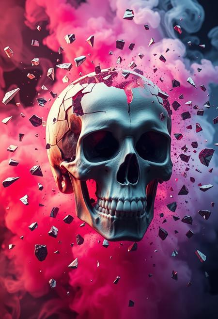 detailed shattered Skull and bones, exploding into millions of pieces of multi-colored smoke, high quality, 4K, hyper realistic