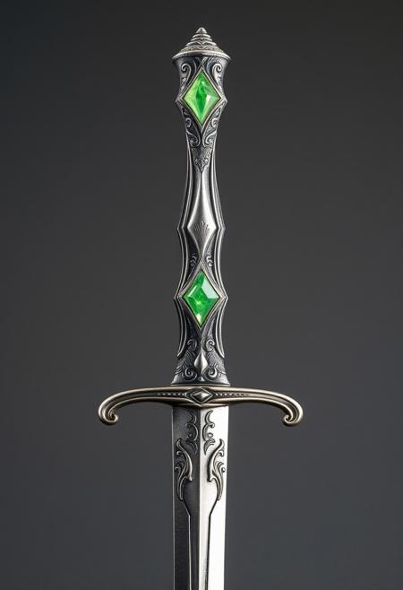 A Highly Detailed Ancient Looking Silver Sword With A Light green Gem embedded in the hilt