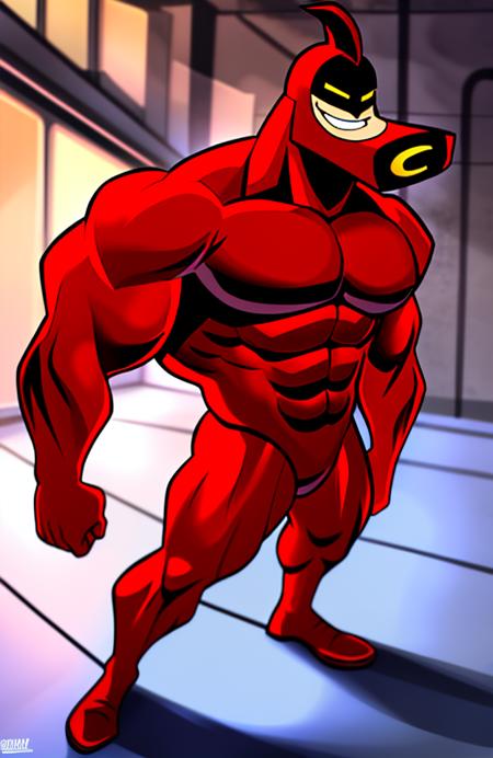 crimson chin  crimson chin, crimson_chin, 1boy, male focus, muscular, solo, yellow eyes, abs, smile, teeth,big chin, smirk, grin, standing, full body, muscular male, bodysuit, mask, glowing yellow eyes, human face, human mouth, lips, pectorals