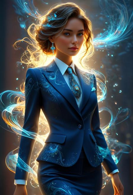 A stunning, high-quality, and masterfully crafted image portrays a woman dressed in stylish business attire, skillfully created using a combination of photo, illustration, 3D render, and painting techniques. Her delicate features are bathed in vibrant, ethereal light, which accentuates the smooth lines and the intricate interplay of light and shadow. The intricate details and subtle accents on even the smallest elements generate an aura of depth and captivation. The light effortlessly caresses her, unveiling hidden meanings and imbuing the already enchanting image with an enigmatic allure.