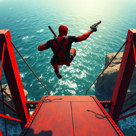 Deadpool is jumping from a bridge in a sea, red third person oponion, super focus on male, superrealistic, in his right hand he has a gun, , you see his back