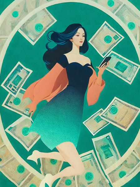 <lora:VictoNgai:1>a painting of a woman running through a circle of money with a cell phone in her hand by Victo Ngai