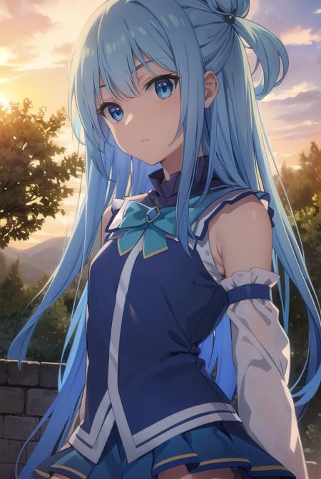 konosubaaqua, <lora:konosuba aqua movie-lora-nochekaiser:1>, 
aqua, long hair, blue eyes, hair ornament, very long hair, blue hair, hair rings, single hair ring, hair bobbles,
BREAK skirt, shirt, thighhighs, bare shoulders, detached sleeves, white thighhighs, blue skirt, blue shirt, green bow,
BREAK outdoor, forest, nature, trees, village, sky, sun, clouds,
BREAK looking at viewer, (cowboy shot:1.5),
BREAK <lyco:GoodHands-beta2:1>, (masterpiece:1.2), best quality, high resolution, unity 8k wallpaper, (illustration:0.8), (beautiful detailed eyes:1.6), extremely detailed face, perfect lighting, extremely detailed CG, (perfect hands, perfect anatomy),