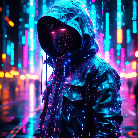 Create a hyperrealistic 32k Ultra HD masterpiece of a mysterious, gender-ambiguous, transparent holographic spirit. Render it full-body, with a jacket and hood obscuring its face. The spirit's form should be glitchy and fractured, revealing a digital void beneath its skin, with visible pixels and binary code. Use a vibrant, cinematic color palette featuring neon hues like electric blue, magenta, and cyan. Include a futuristic cityscape background that reflects the glitch effect. Convey psychological horror, surrealism, and cyberpunk aesthetics with intricate details, sharp edges, and dramatic lighting.
